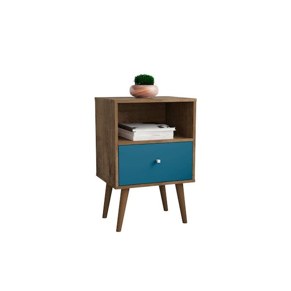 Designed To Furnish Liberty Mid-Century - Modern Nightstand 1.0 with 1 Cubby Space & 1 Drawer, Rustic Brown & Aqua Blue DE2616404 - main